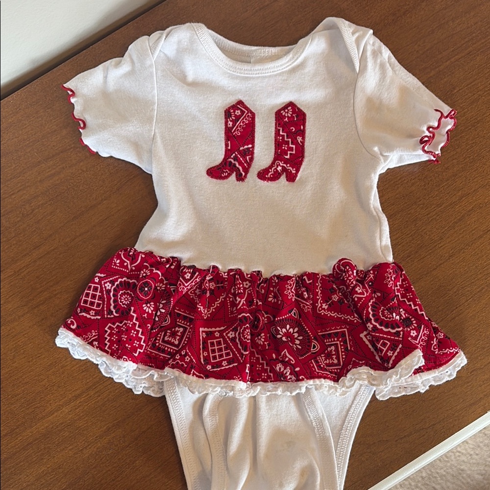 Baby Onesie with Red Bandana Skirt and Cowboy Boots Design